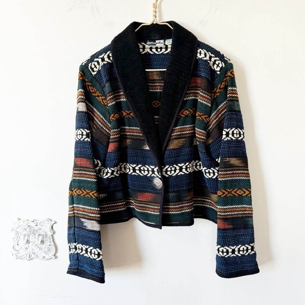 Hokuspokus Vintage Southwestern Aztec Tribal Tapestry Cropped Blazer Jacket XL